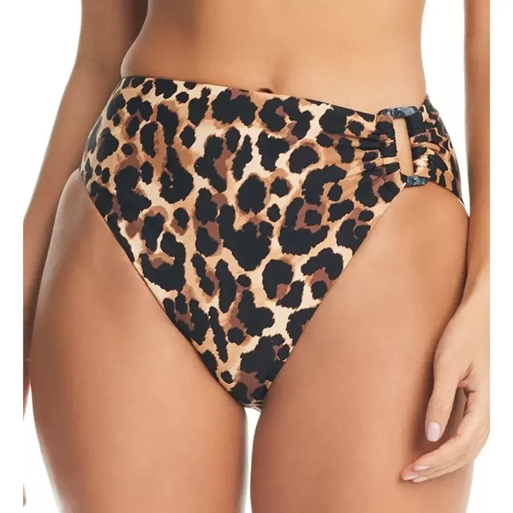 Bar III Women Night and Day Cheetah Print High Leg Swim Bikini Bottoms Size S